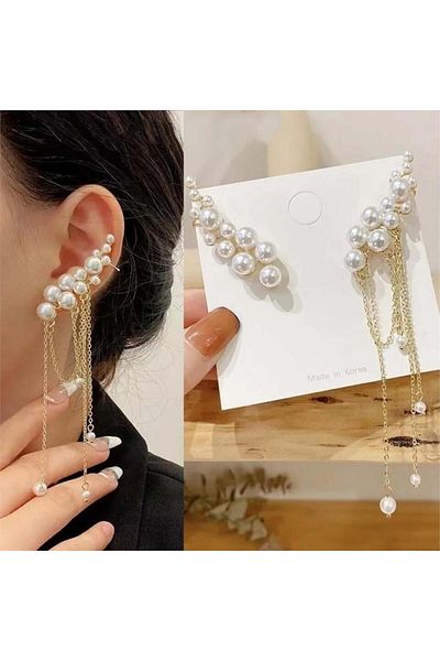 Pelin Aksesuar Gold Earrings with Asymmetric Cut Pearls and Chain Dangle