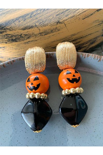 Pelin Aksesuar Orange Pumpkin Halloween Design Earrings