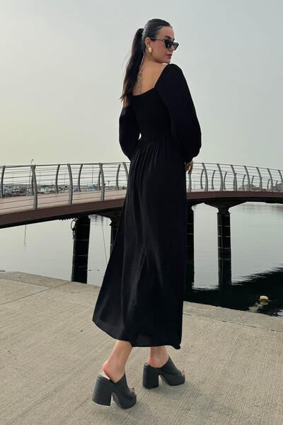 FOR YOU MODA Μαύρο φόρεμα με μακρυμάνικο γκι και ελαστικό ώμο