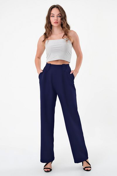 Hazel Women's Navy Blue Buttoned High Waist Palazzo Pants