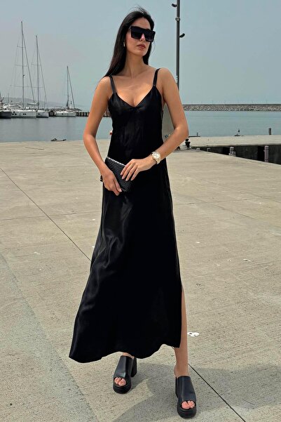 FOR YOU MODA Strappy Satin Slit Black Dress