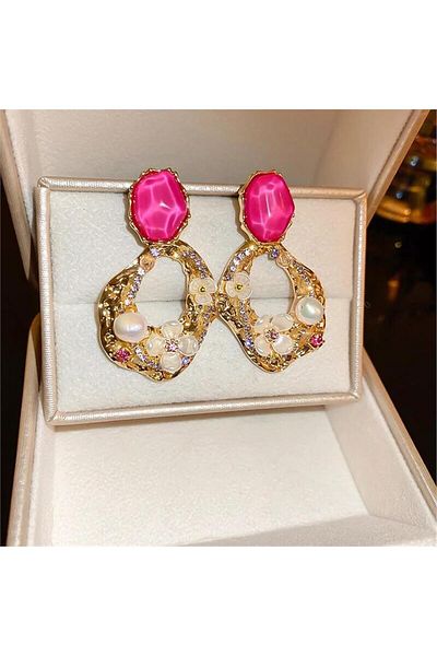 Pelin Aksesuar Pink Flower Earrings with Stone Detail