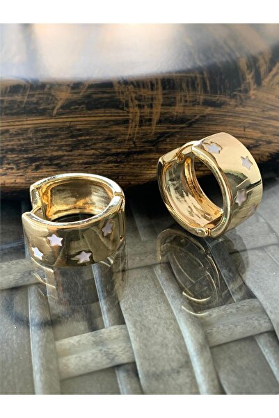 Pelin Aksesuar Beyaz Yıldız Desenli Gold Geniş Halka Küpe