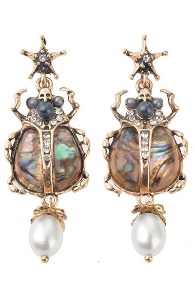 Pelin Aksesuar Green Insect Earrings with Pearls