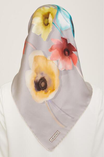 Armine Μεταξωτό μαντήλι με γκρι λουλούδια Tivil 9105 - 82
