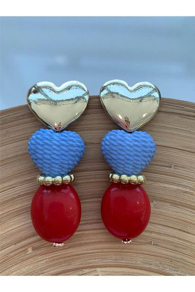 Pelin Aksesuar Blue Heart and Red Beaded Design Earrings