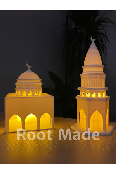 Root Made Mescit ve Minare Şeklinde Tealight Mum Aydınlatmalı İslami Dekorati...