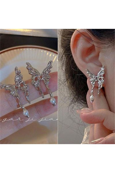 Pelin Aksesuar Silver Butterfly Pearl Drop Earrings