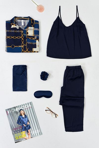 FOR YOU MODA 6-Piece Chain Pattern Inside and Outside Navy Blue Pajama Set
