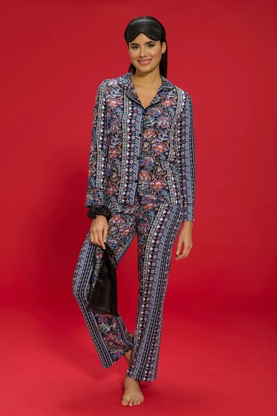 FOR YOU MODA 7'li Viskon Hem İçeride Hem Dışarıda Etnik Desen Siyah Pijama Takımı