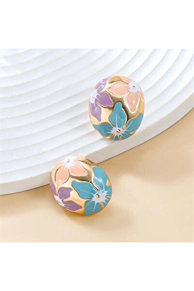 Pelin Aksesuar زهرة خضراء أرجوانية منقوشة البيضاوي تصميم كبير الأقراط