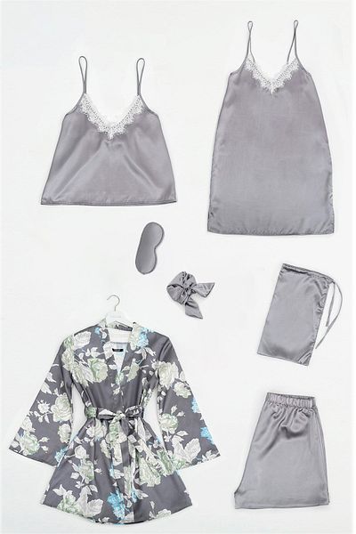 FOR YOU MODA 7-Piece Gray Satin Floral Patterned Pajama Set