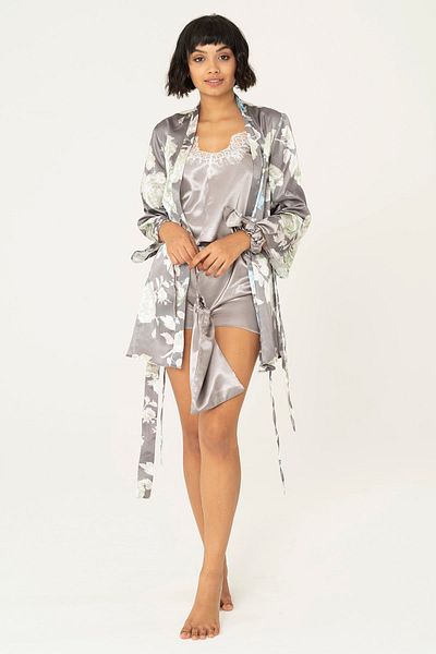 FOR YOU MODA 7-Piece Gray Satin Floral Patterned Pajama Set