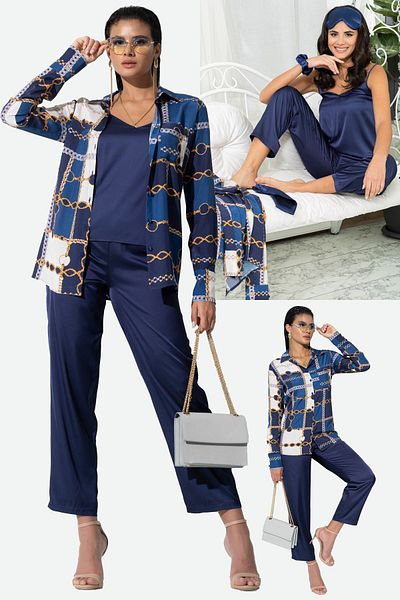 FOR YOU MODA 6-Piece Chain Pattern Inside and Outside Navy Blue Pajama Set