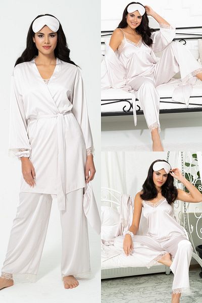 for you sleepwear 6-Piece Lace Dressing Gown, Athlete Trousers, Gray Pajama Set