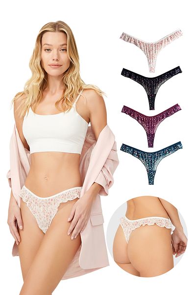Cottonhill Floral Patterned Tulle Frilly Edged Thong 4 Pack Panties