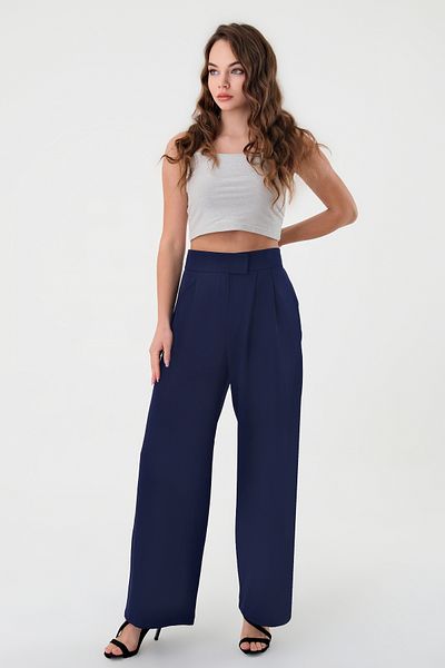 Hazel Women's Navy Blue High Waist Velcro Palazzo Pants