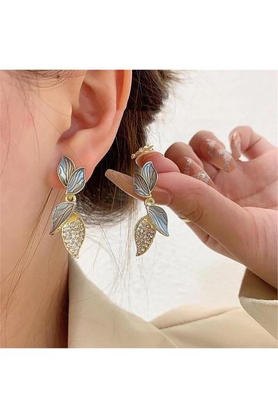 Pelin Aksesuar Blue Leaf Earrings with Crystals