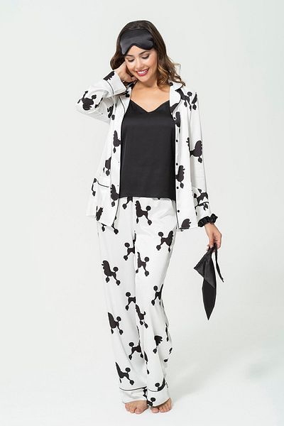 for you sleepwear Set de pijamale din satin alb cu model de câine din 6 piese