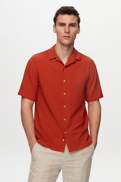D'S Damat Roter Seersucker - Kurzarmhemd mit knitterfreiem Schnitt