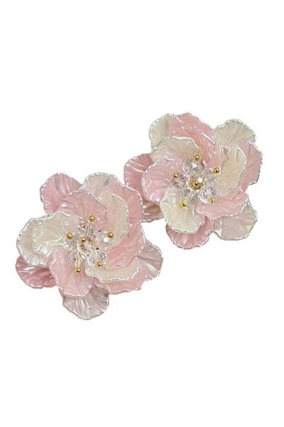 Pelin Aksesuar Embroidered White Pink Flower Earrings - Pearlescent