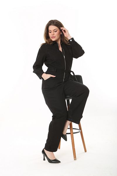 Şans Women's Plus Size Black Front Zipper Back Waist Elastic And Belt Detailed Pocket Jumpsuit 65N37469