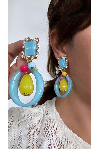 Pelin Aksesuar Blue Yellow Earrings with Bead Detail