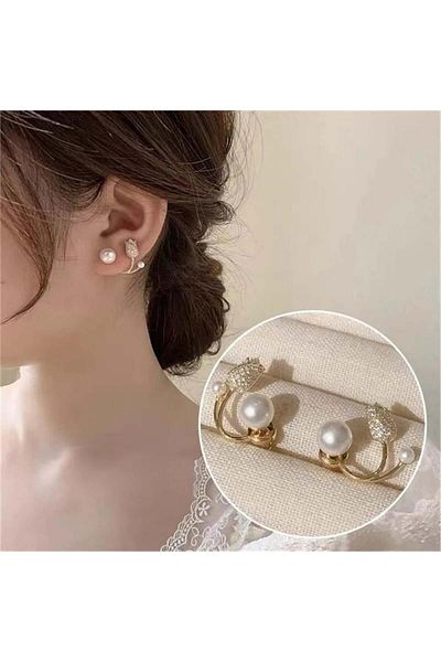 Pelin Aksesuar Gold Tulip Ghost Earrings with Crystal and Pearls
