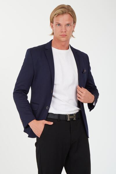 Erkek Lacivert Dar Kalıp Blazer Ceket