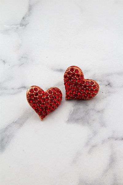 Pelin Aksesuar Red Crystal Jewelled Heart Earrings