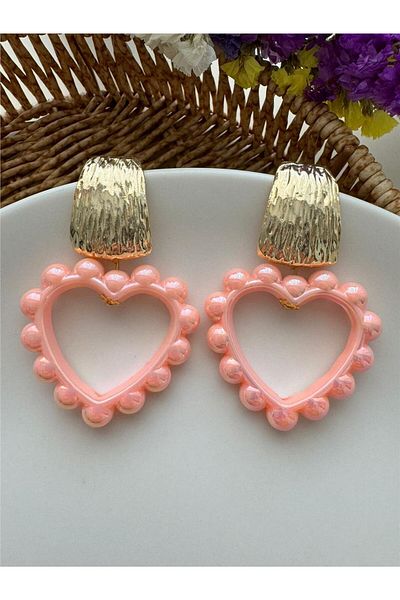Pelin Aksesuar Pink Salmon - Big Heart Design Earrings