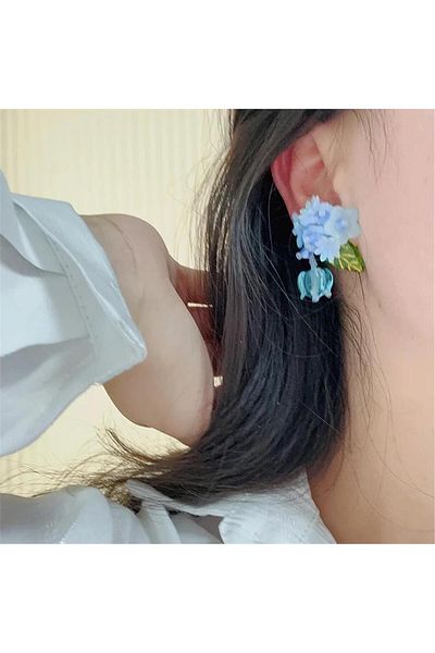 Pelin Aksesuar Blue Flower Patterned Earrings