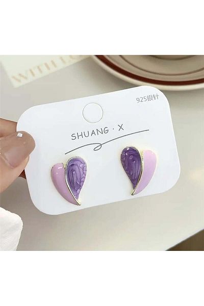 Pelin Aksesuar Purple Lilac Heart Patterned Earrings