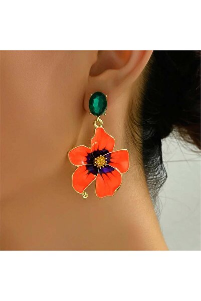 Pelin Aksesuar Orange Floral Earrings with Green Stones