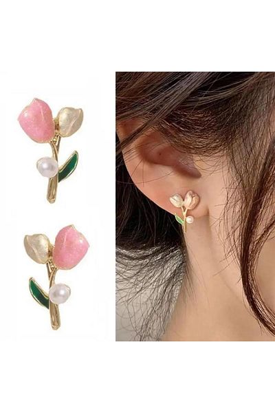 Pelin Aksesuar Elegant Pink Earrings - Cream Tulips