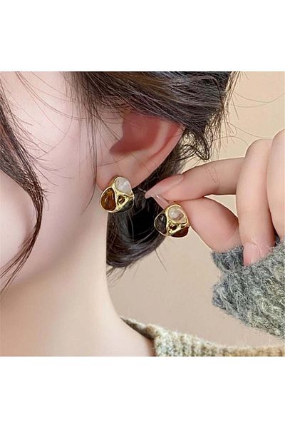 Pelin Aksesuar Vintage Khaki Earrings - Brown and Beige Stone Detailed