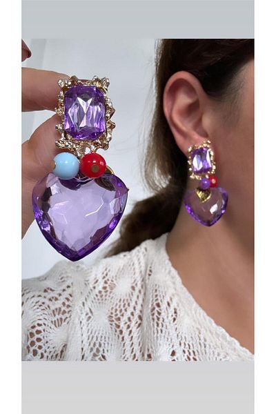 Pelin Aksesuar Purple Design Earrings with Heart