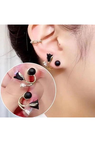 Pelin Aksesuar Tulip Earrings - Black Stone Detailed