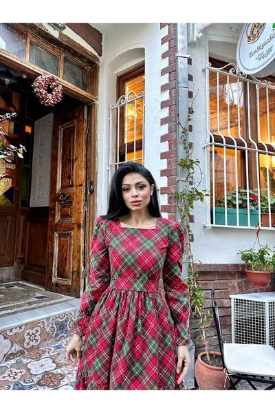 KÜÇÜĞÜM BUTİK Kırmızı Ekose Kat Kat Kare Yaka Kadın Elbise