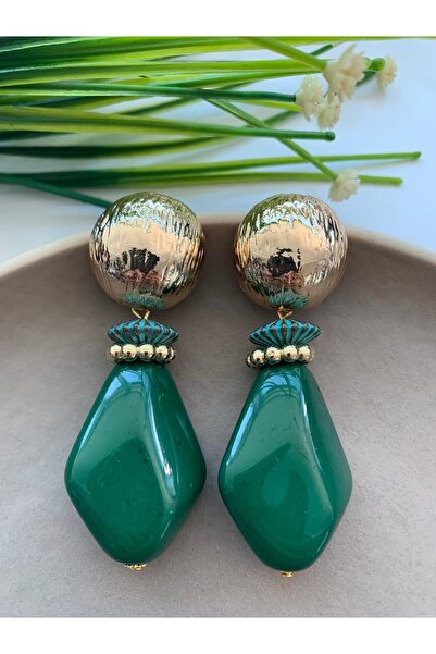 Pelin Aksesuar Koyu Yeşil Büyük Boncuklu Tasarım Küpe