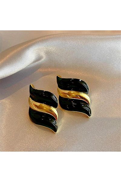 Pelin Aksesuar Black Gold Curved Vintage Earrings