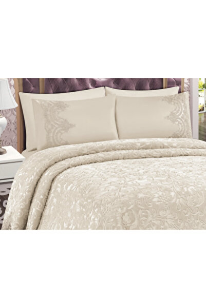 Kelebek Krem Çift Kişilik Fransız Güpürlü Battaniye Seti, Yatak Örtüsü Seti Kutusuz