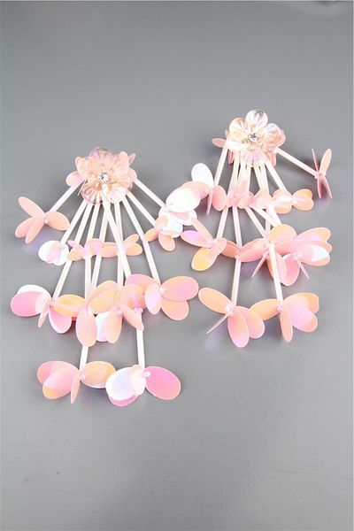 Pelin Aksesuar Pink Long Flower Embroidered Design Earrings