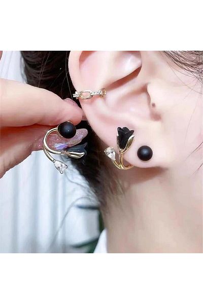 Pelin Aksesuar Tulip Earrings - Black Stone Detailed