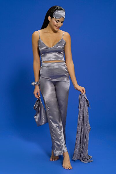 For You İn Out 6-Piece Pleated Gray Bustier Pajama Set