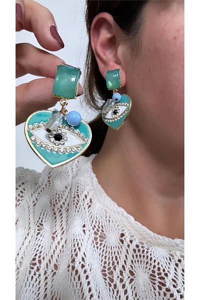 Pelin Aksesuar Turquoise Heart Design - Eye Figure Earrings