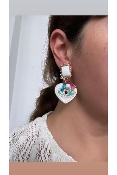 Pelin Aksesuar Beyaz Göz Figürlü Kalp Tasarım Küpe