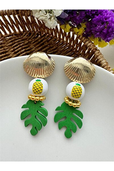 Pelin Aksesuar أقراط خشبية بأوراق الأناناس الخضراء الاستوائية