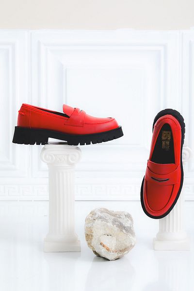 BELİSİA Red Leather High Sole Loafer Shoes