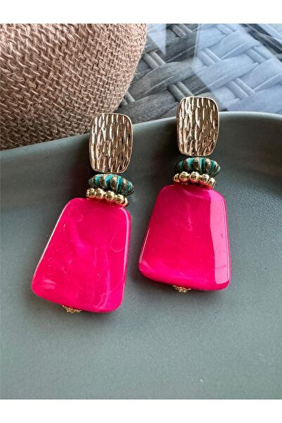 Pelin Aksesuar Fuşya Dörtgen Boncuklu Tasarım Küpe